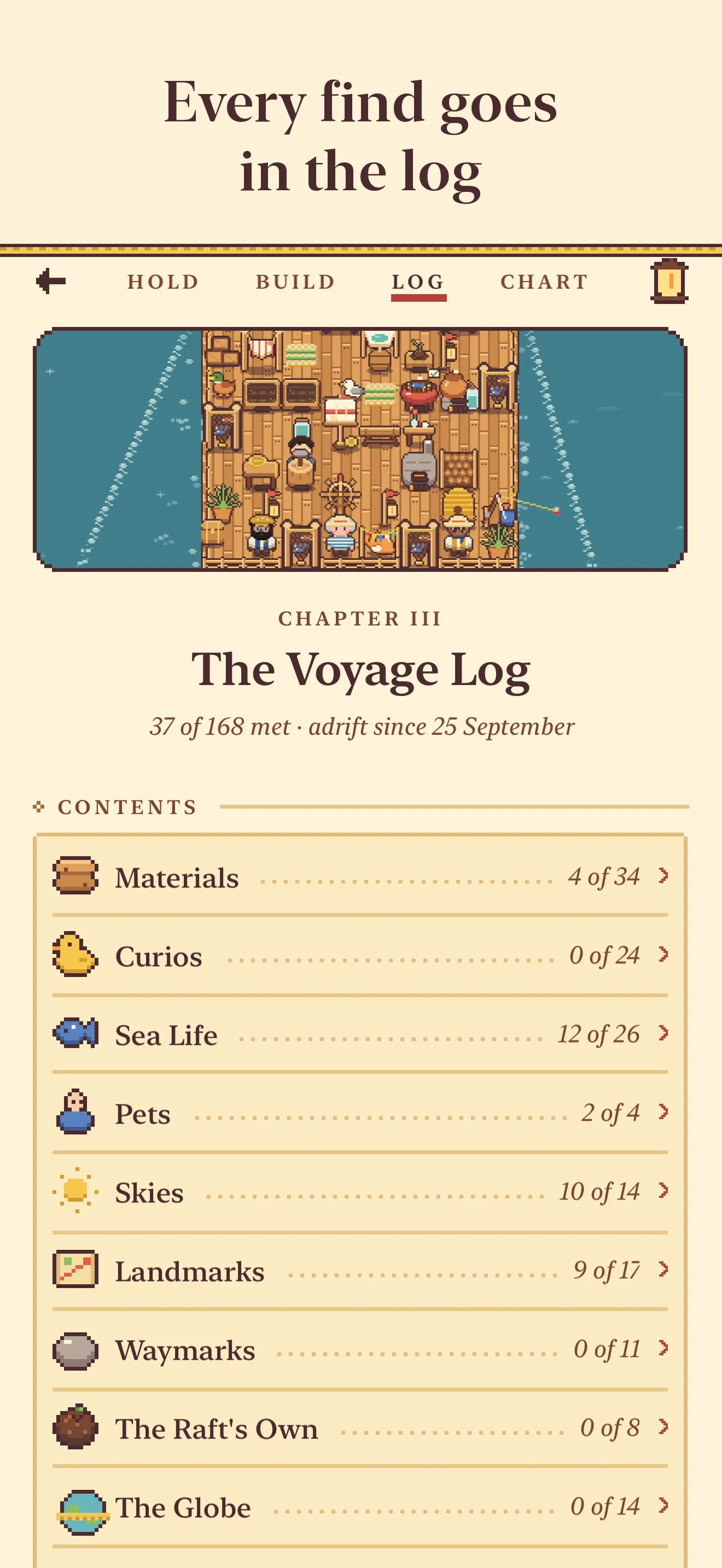 The voyage log, with plates for materials, curios and sea life